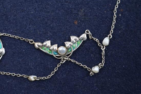 An early 20th century Art Nouveau white metal, enamel and seed pearl necklace, approx. 40cm.